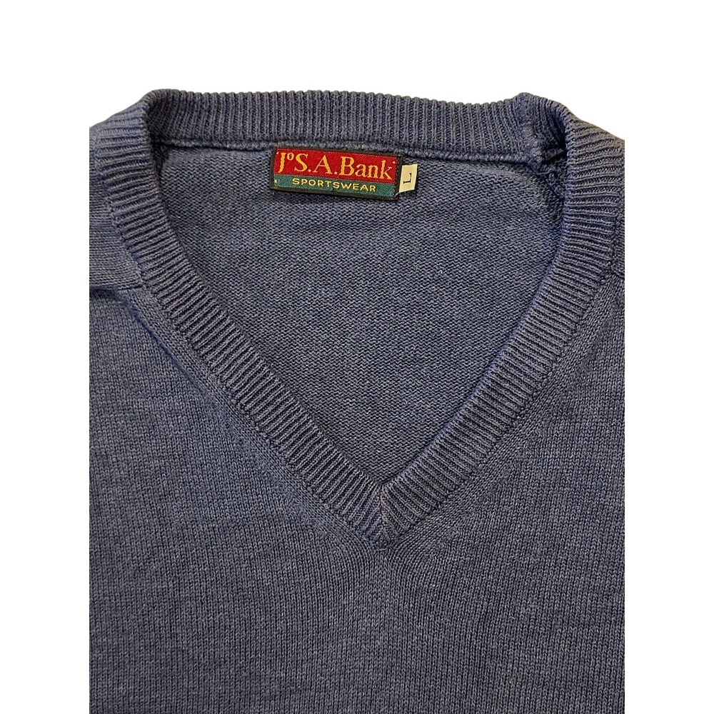 Vintage Jos A Bank Cotton Sweater Mens L Blue USA Made V Neck 90s